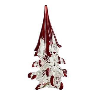 Mid 20th Century Murano Italian Art Glass Christmas Tree Sculpture 8" (Red Drip Tips, Original Foil Label, Vintage Mid-Century) For Sale