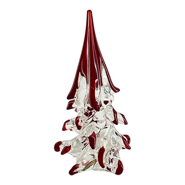 Mid 20th Century Murano Italian Art Glass Christmas Tree Sculpture 8" (Red Drip Tips, Original Foil Label, Vintage Mid-Century) For Sale