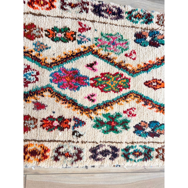 Vintage Moroccan Azilal Berber Boucherouite Rug, Hand-Knotted Geometric Tribal Carpet, Circa 1960s A striking vintage...