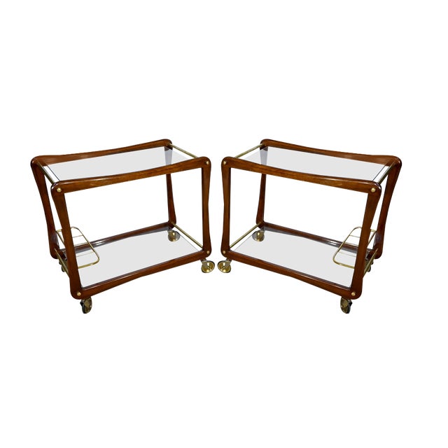 Serving Carts in Mahogany, Glass and Brass, 1960s, Set of 2 For Sale
