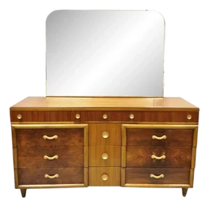 Mid Century Modern Art Deco Walnut Long Dresser Credenza W Mirror by Joerns Bros