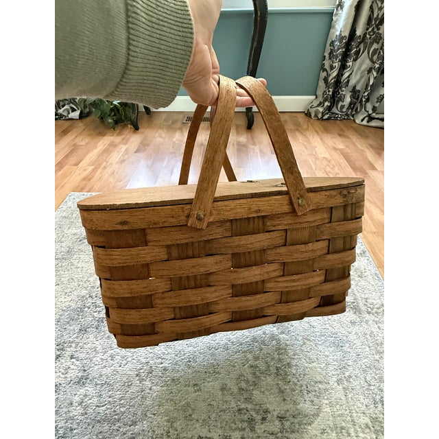 Vintage Large Woven Splint Wood Picnic Basket Double Swing Handle For Sale - Image 10 of 13