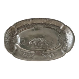 Antique Art Nouveau Pewter Platter With Hunting Dog Motif For Sale