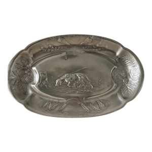 Antique Hunting Dog Motif Austrian Art Nouveau Pewter Platter