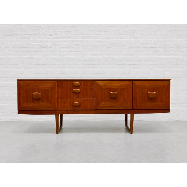 Mid-Century Modern Mid Century Modern Teak Credenza by Stonehill | Long Sideboard With Funky Sculpted Pulls and Sled Legs, Made in England, C. 1960’s For Sale - Image 3 of 18