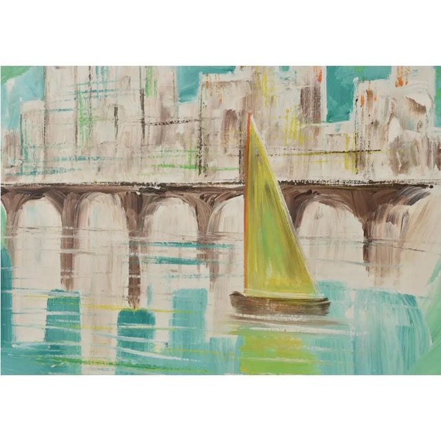LeMark Mid-Century Modern Aqua Blue White and Green Nautical Harbor Painting For Sale - Image 6 of 10