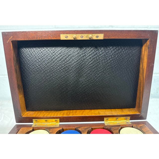 Wood Signed Antique 19th Century Gaming Poker Wood Brass Box Travel Set Clay Chips For Sale - Image 7 of 11