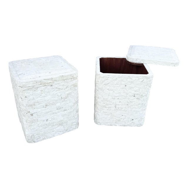 Postmodern Tessellated Stone Swivel Top Side Table With Storage - A Pair For Sale