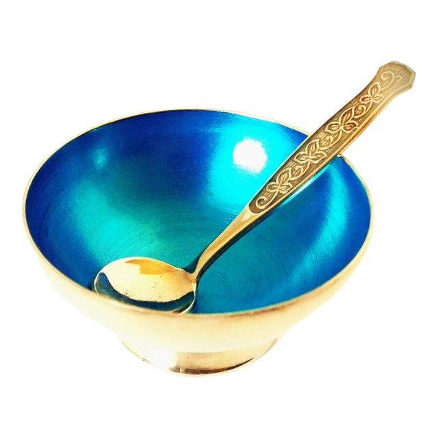 Meka Denmark Vintage Sterling and Blue Enamel Salt Cellar & Sterling Spoon For Sale