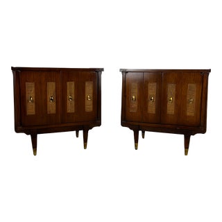 Mid Century Modern Pair of Nightstands With Cane Front and Brass Hardware For Sale