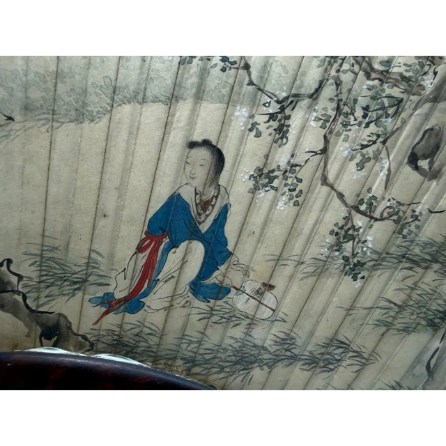 Antique Early 1800's Chinese Qing Dynasty Hand Painted Hand Fan Carved Wood Base For Sale In New York - Image 6 of 18