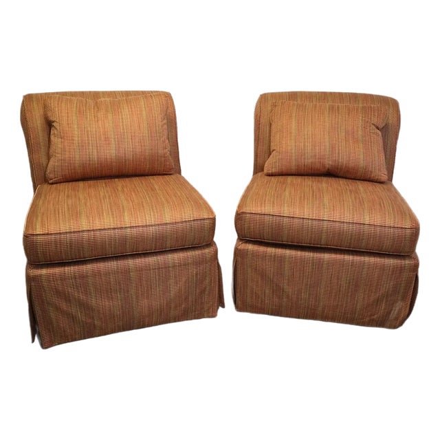 Pair of Drexel Heritage Oversized Slipper Lounge Chairs in Rust & Olive Stripe, 2006 For Sale