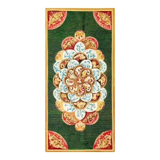 1880s Green Floral Medallion Antique European Needlepoint Rug 2'1" X 4'4" Wool Carpet For Sale