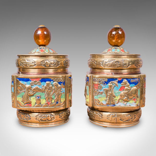 1900 - 1909 Pair of Small Antique Champleve Tea Caddies, Oriental Spice Pot, Edwardian, 1910 For Sale - Image 5 of 12