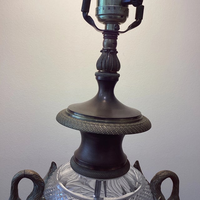 Bronze Mid 20th Century Neoclassical Cut Crystal Urn Bronze Swan Handles Lamps For Sale - Image 8 of 13