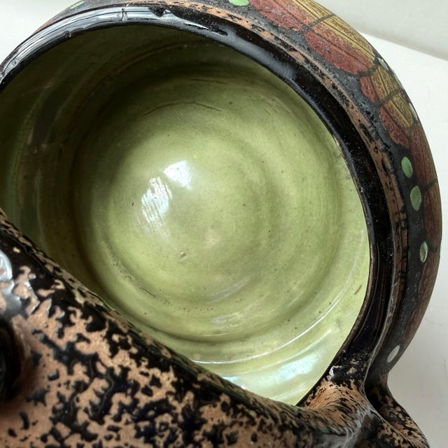 Vintage BFS Czechoslovakia Art Deco Hand Painted Pottery Bowl With Handle Leaf and Berry Design For Sale - Image 9 of 12