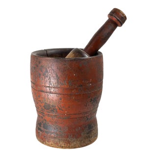 19th Century American Primitive Mortar and Pestle in Old Red Paint For Sale