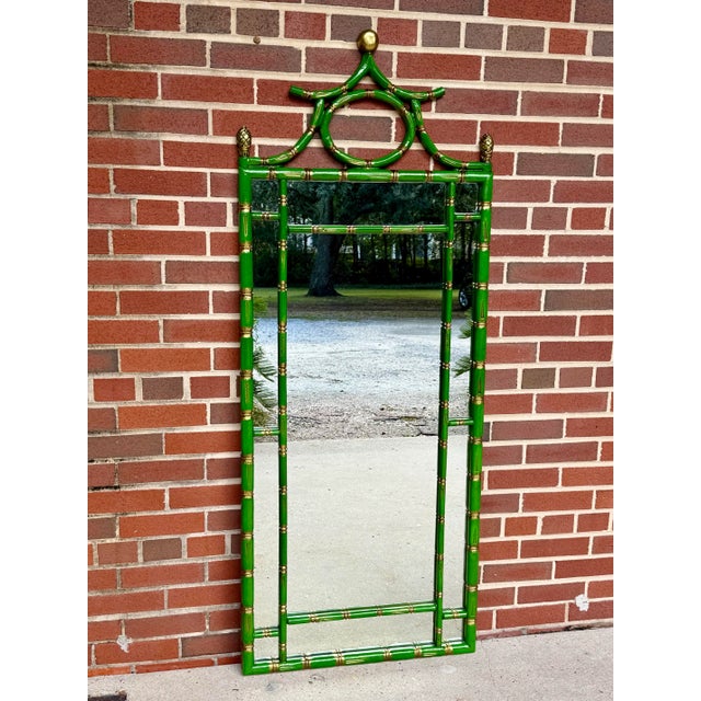 Chic Vintage Palm Beach Regency Pagoda Style Faux Bamboo Full Length Wall Mirror - Newly Painted Green and Gold Chinoiserie Decor For Sale - Image 6 of 11