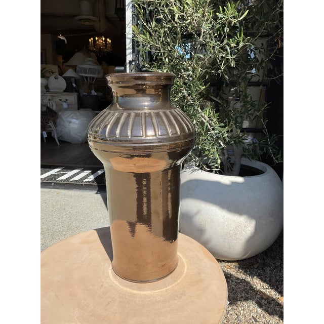 Vintage Mid Century Glazed Ceramic Vase in Deep Brown For Sale - Image 9 of 13