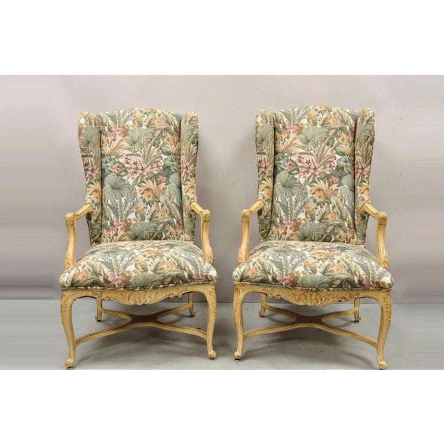 Vintage French Country Provincial Louis XV Style Upholstered Wingback Lounge Chairs - a Pair. Item features a white washed...