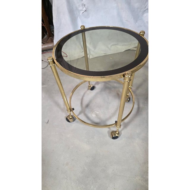 Mid-Century Modern Mid 20th Century Round Brass-Tone & Glass Rolling Side Table – Hollywood Regency Style For Sale - Image 3 of 4