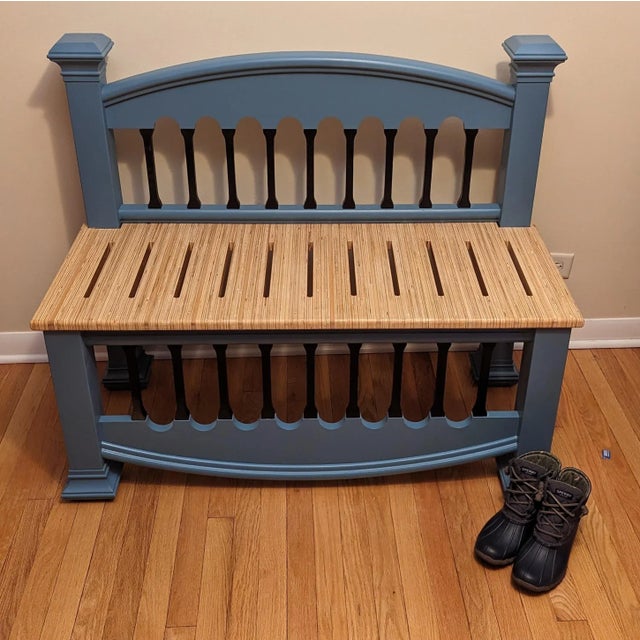 Wood Blue Wooden Bench For Sale - Image 7 of 8