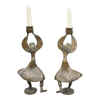 Vintage Brutalist Bronze Figural Dancing Rabbi Judaica Candlesticks - A Pair For Sale