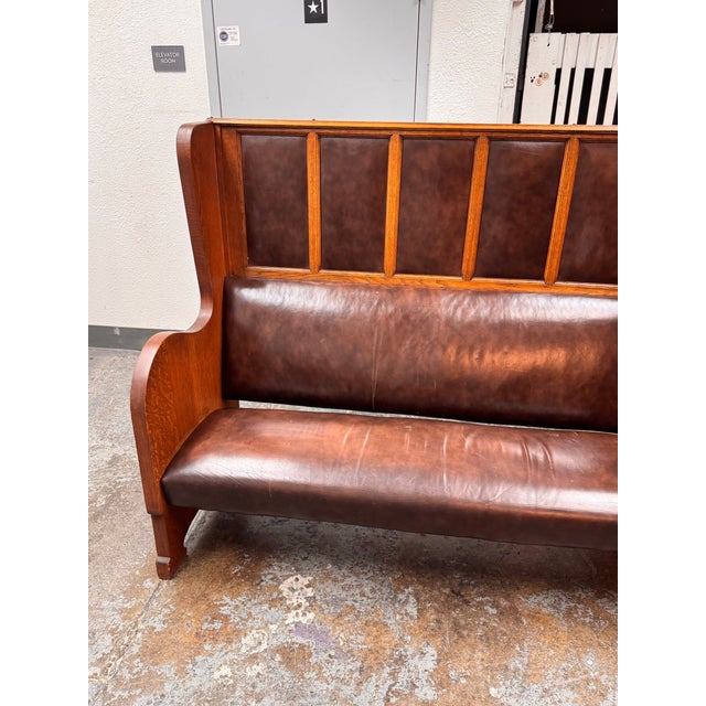 Wood Antique High-Back Oak + Leather Settle Bench For Sale - Image 7 of 12