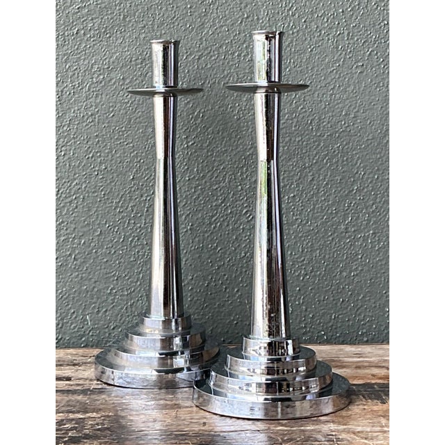 Metal Vintage Stepped Base Chrome Candlesticks For Sale - Image 7 of 12