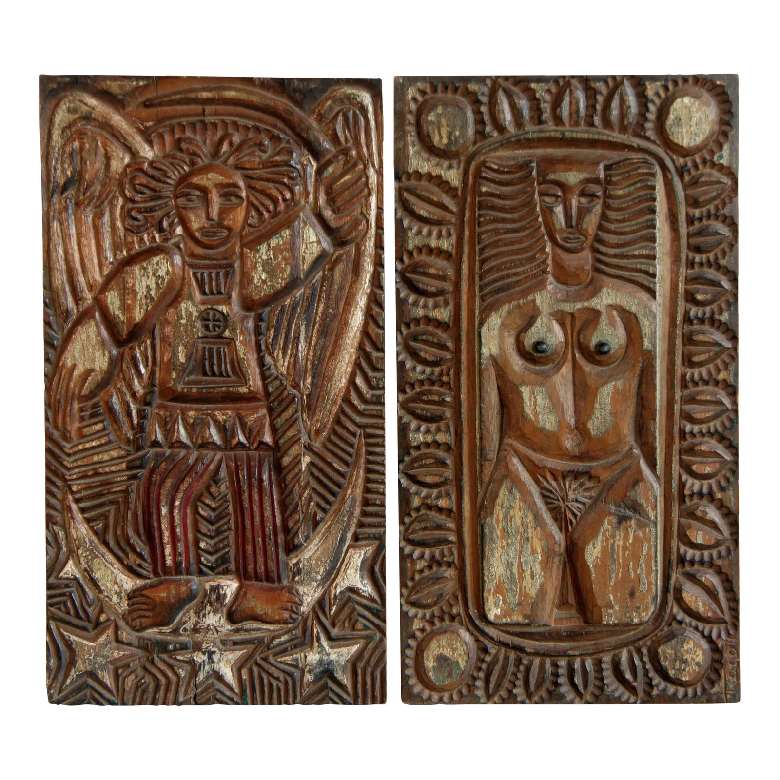 Vintage 1970's Brazilian Expressionist Folk Art Wall Plaques by Tiago Amorim