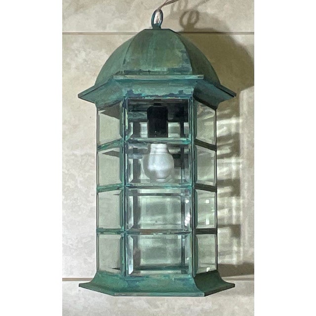 Verdigris Vintage Solid Brass Hexagonal Hanging Lantern – Verdigris Patina 20”h X 11”w For Sale - Image 8 of 12