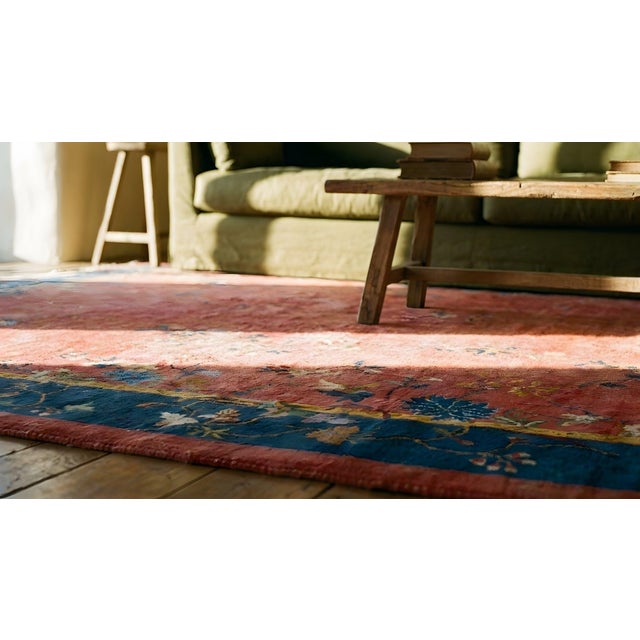 Excellent Red Scarlet Background and Navy Blue Border Color With Floral Design Antique Chinese Art Deco Rug For Sale - Image 10 of 12