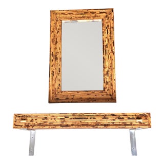 Rare Vintage Burnt Bamboo Floating Console Table and Wall Mirror For Sale
