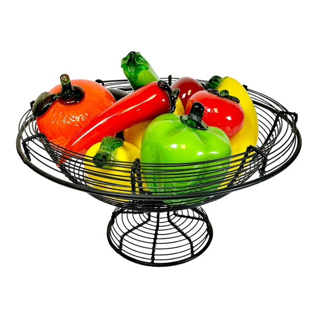 Mid-Century Italian Venetian Glass Fruit & Vegetables in Wire Bowl Murano Attributed - Set of 13 For Sale