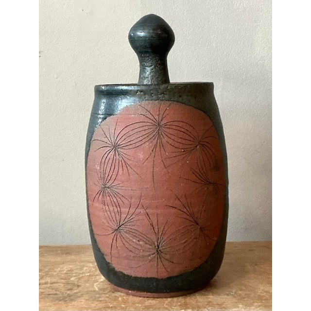 Charcoal Vintage Boho Original Studio Pottery Lidded Vase For Sale - Image 8 of 12