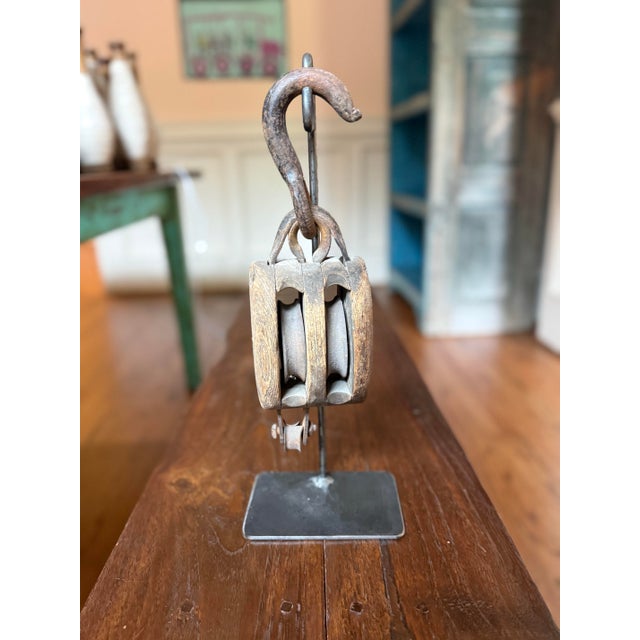 Collection of Three Antique Industrial Wood & Cast Iron Pulleys on Custom Display Stands For Sale - Image 4 of 5