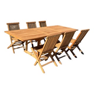 Rectangular Extendable Teak Garden Table and Folding Chairs, Set of 7 For Sale