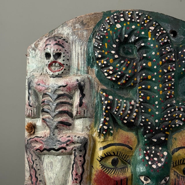 Dark Green Monumental Mexican Folk Art Carved Wood Wall Mask Sculpture For Sale - Image 8 of 10