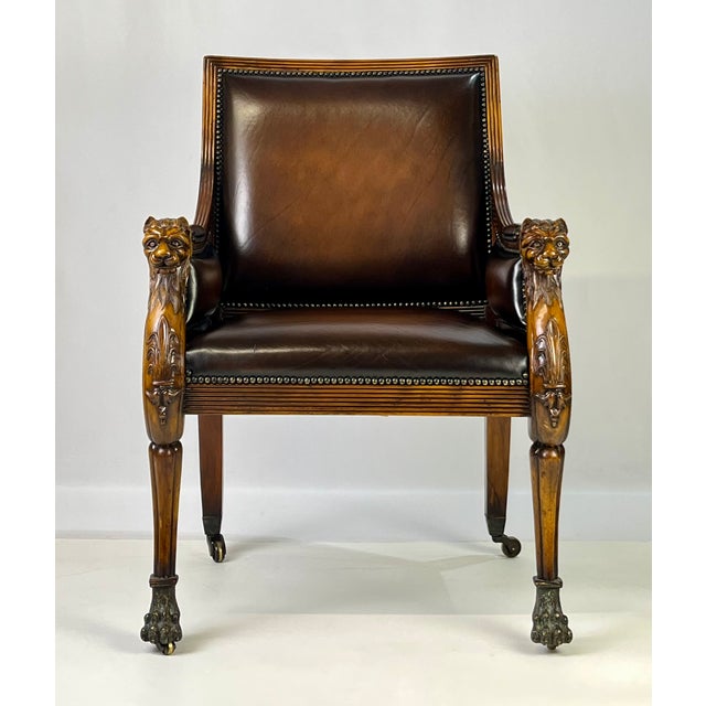 Wood Pair of Theodore Alexander Regency Style Carved Lion & Hairy Paw Caster Armchairs in Brown Leather For Sale - Image 7 of 17