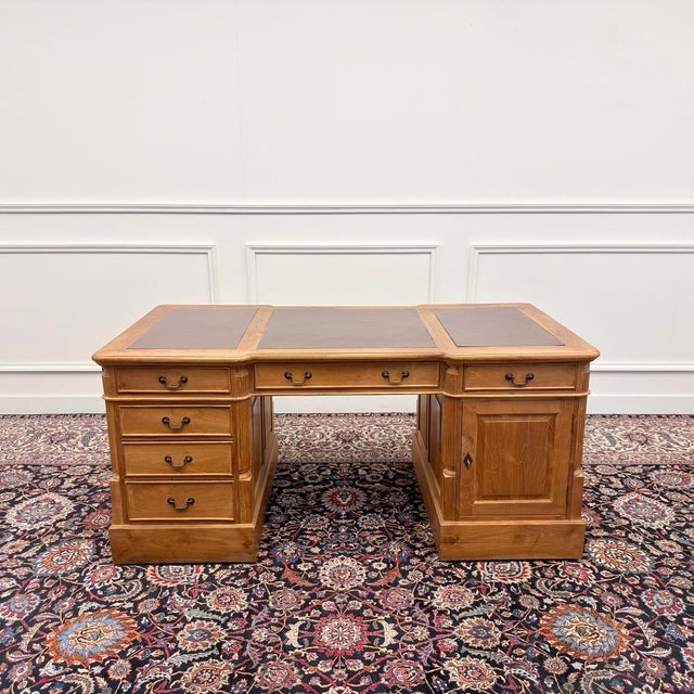 English Teak Desk with Brown Leather Top For Sale - Image 4 of 18