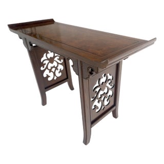 Baker Solid Walnut Pierced Carved Legs Rolled Edge Asian Console Sofa Table MINT For Sale