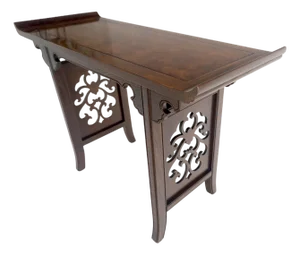 Baker Solid Walnut Pierced Carved Legs Rolled Edge Asian Console Sofa Table MINT