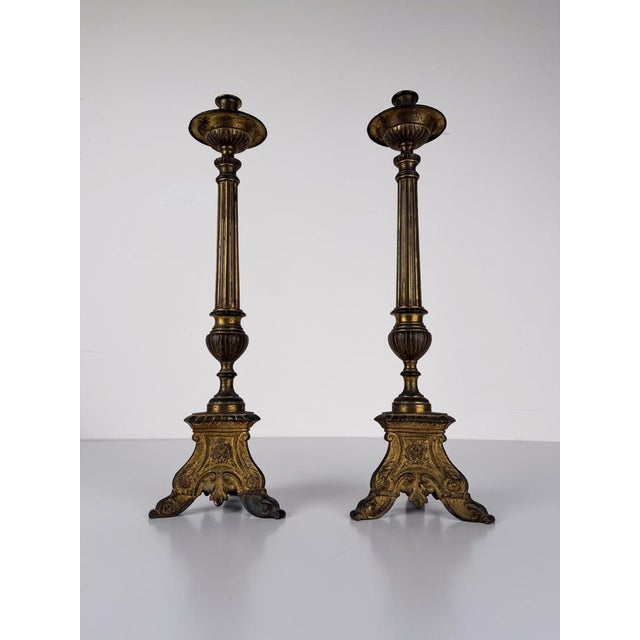 Italian Baroque Style Church Candlesticks in Gilt Bronze, Set of 2 For Sale - Image 4 of 17
