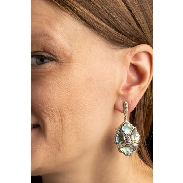 1990s Pair of Abalone Shell, Diamonds and Tanzanite Dangle Earrings For Sale - Image 4 of 4