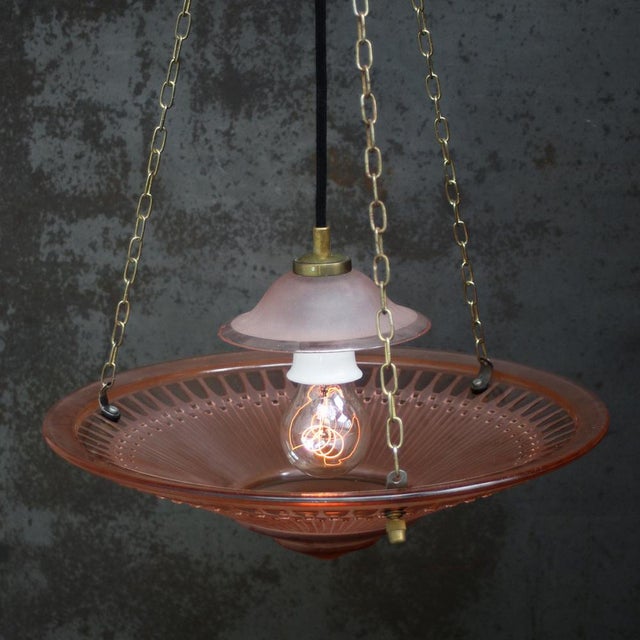 Art Deco French Brass and Red Pink Glass Pendant Light, 1920s For Sale - Image 4 of 11