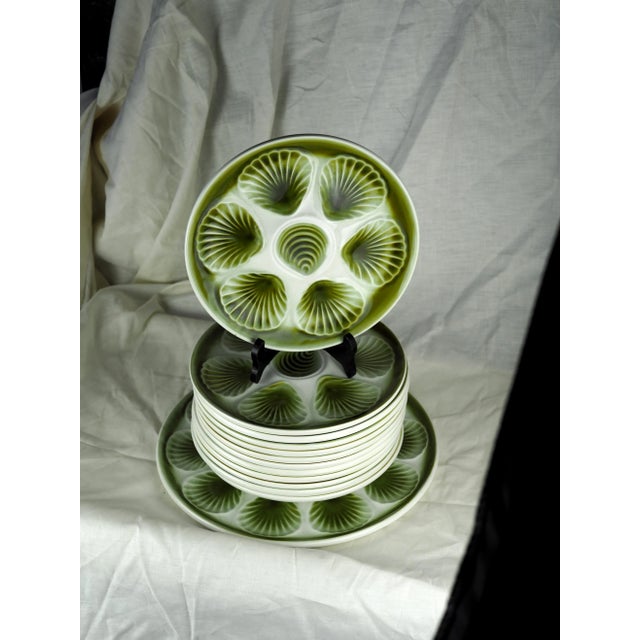 Mid-Century French Orchies Green Pastel Majolica Oyster Dishes and Plates - Set of 13 For Sale - Image 11 of 11