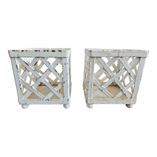 Aged English Square Lattice Metal Openwork Ball Footed Planters, a Pair For Sale
