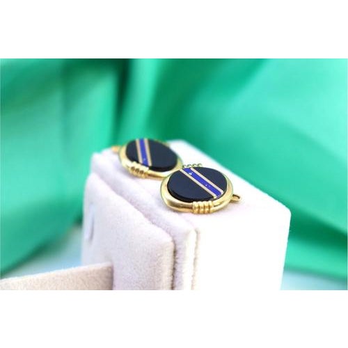 Gold Cufflinks with Blue Stripe Reliefs on Oval Onyx, Set of 2 For Sale - Image 3 of 8