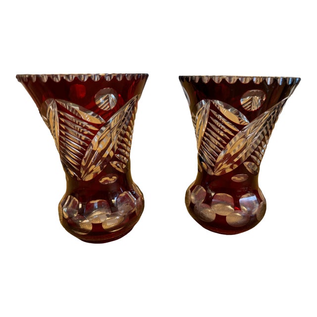 Mid 20th Century Red Cut Glass Vases With Scalloped Edges- a Pair For Sale