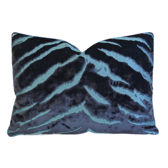 Early 21st Century Designer Mokum Animal Bengal Tiger Sapphire Velvet Feather/Down Pillow 22" X 17" For Sale - Image 5 of 7